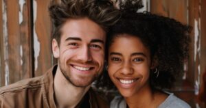 Young couple stand outside and smile together